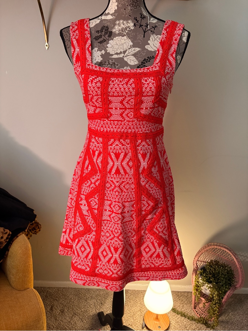 Maeve Anthropologie Red Embroidered Mini Dress Geometric Boho Size 0